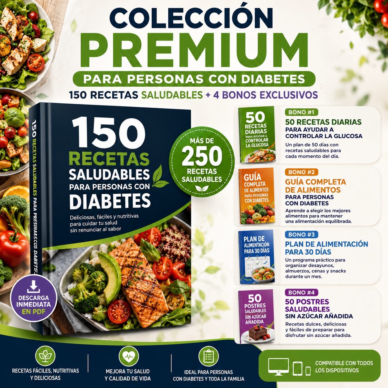 Colección Premium para Personas con Diabetes | 150 Recetas Saludables + 4 Bonos Exclusivos